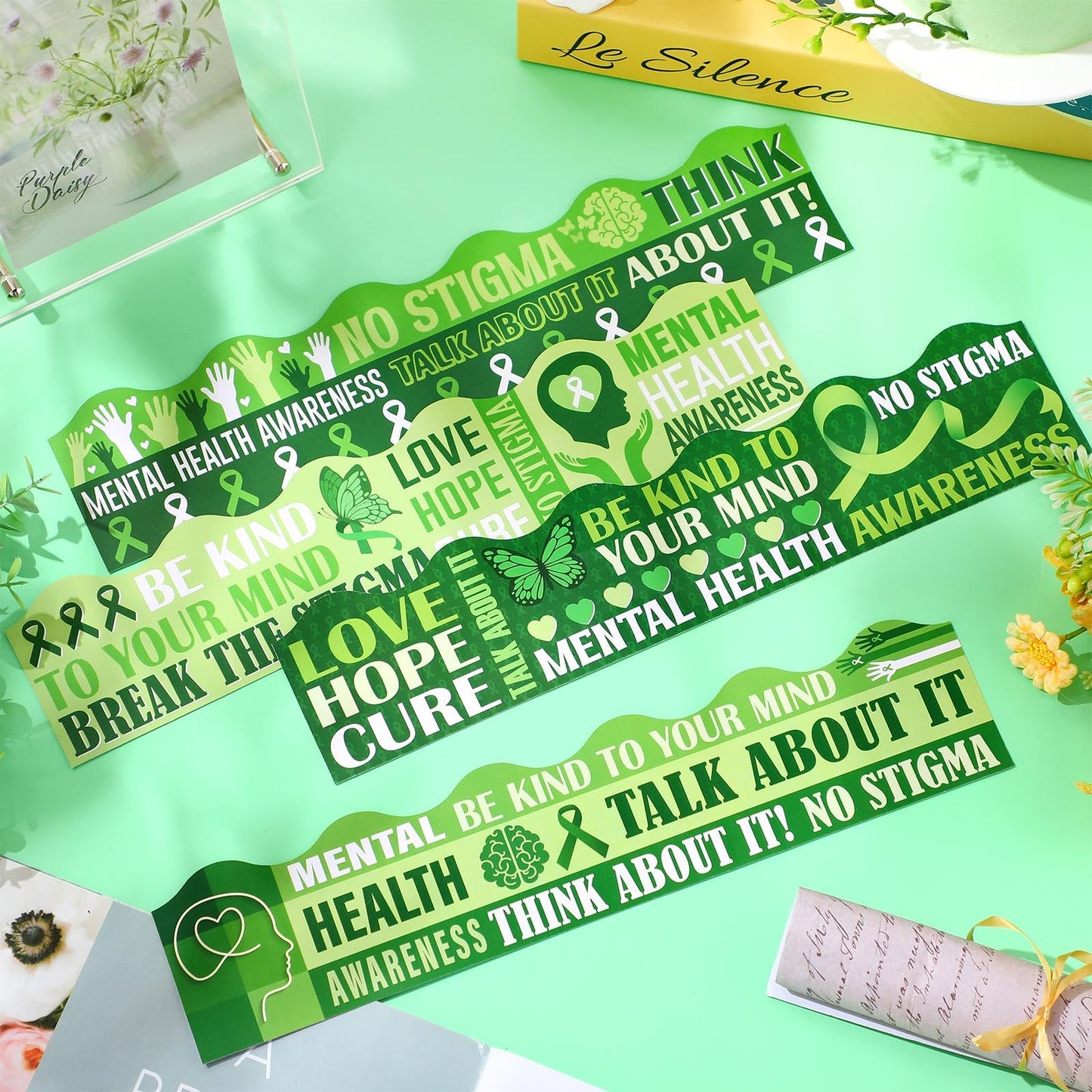 Funrous 79 ft Mental Health Bulletin Board Borders 80 Pcs Green Ribbon Mental Health Awareness Month Border Trim Inspirational Decorative Stickers for Back to School Office Chalkboard Wall Decor