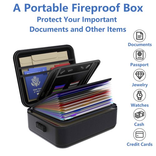 TIGERKING Fire Proof Document Safe Box with Lock and Handle – Fireproof Document Box Organizer with Hard Shell, Portable Fireproof Safe for Home Documents, Certificates, Laptop, and File Storage-Black