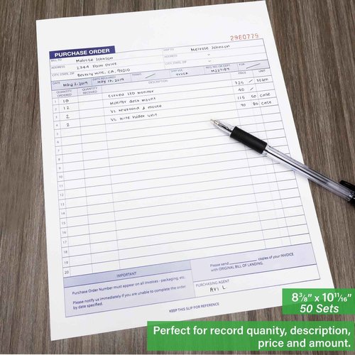 BAZIC Products Purchase Order Book, 30 Sets 8 3/8" x 10 11/16" 2-Part Carbonless, White & Bound Wraparound Cover (50 Sets/Pack), 12-Packs