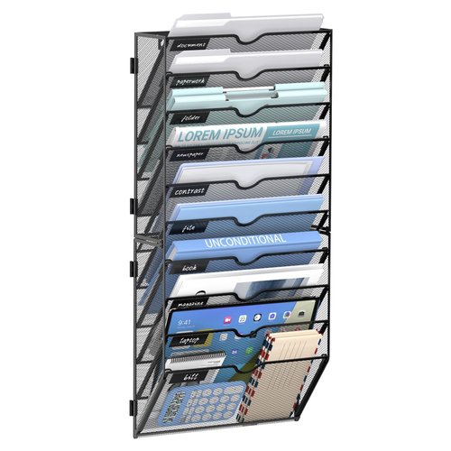 JMHUD 10 Tier Wall File Organizer Office Hanging Mail Holder Wall Mounted, Mesh Paper Document Organizer for Office Home School, Black