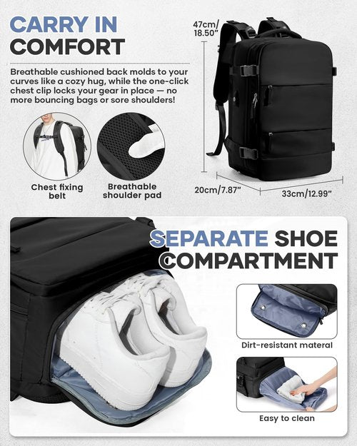 Vacuum Travel Backpack with Pump Women,Personal Item Carry on Backpacks Flight Approved 18x14x8 inches Men,Laptop Waterproof Work Compression bags Casual Daypack Mochila de Viaje Compresion al Black