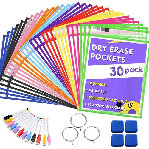 30 Pack Dry Erase Pocket Reusable Dry Erase Pockets Sheet Clear Durable Plastic Sleeves 10" x 13" Clear Plastic Sheet Protectors, Teacher School Classroom Supplies