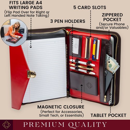 Emberfolio Premium Vegan Leather Padfolio for Women - Clutch-Style Business A4 Portfolio with Zipper, Gift Box & Luxury Pen - Resume Portfolio Folder for Interview, Documents Organizer, Executive Gift