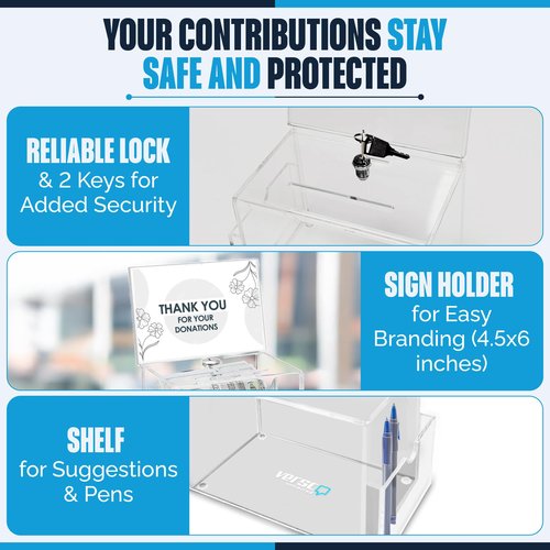 Versco Unlimited Modern Clear Acrylic Donation Box with Lock, Shelf and Sign Holder - 6.3x4x4.2 Inch Lockable Fundraising, Tip, and Ballot Box