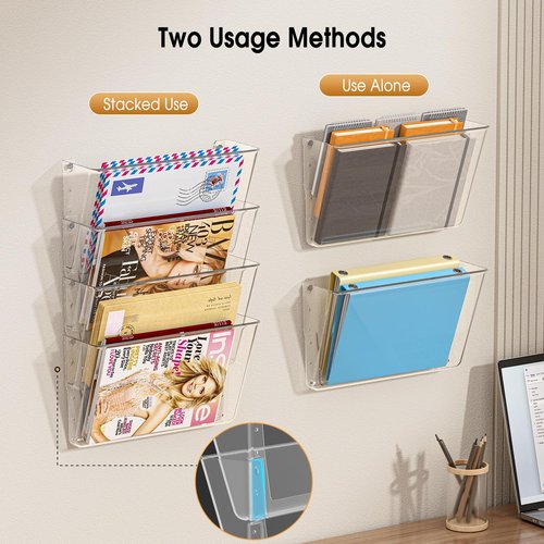MaxGear Acrylic Wall File Organizer, 4 Pockets Clear Wall Mounted File Holder, Mail Organizer for Home, Office and School (13x4x7 inches)