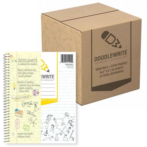 DoodleWrite Wide Ruled Wirebound Spiral Notebook, Includes Doodle Prompts to Keep Focus, Spark Creativity/Imagination, Relieve Stress, 10.5" x 8", 50 Sheets/100 Pages, White (11101cs) (Pack of 24)