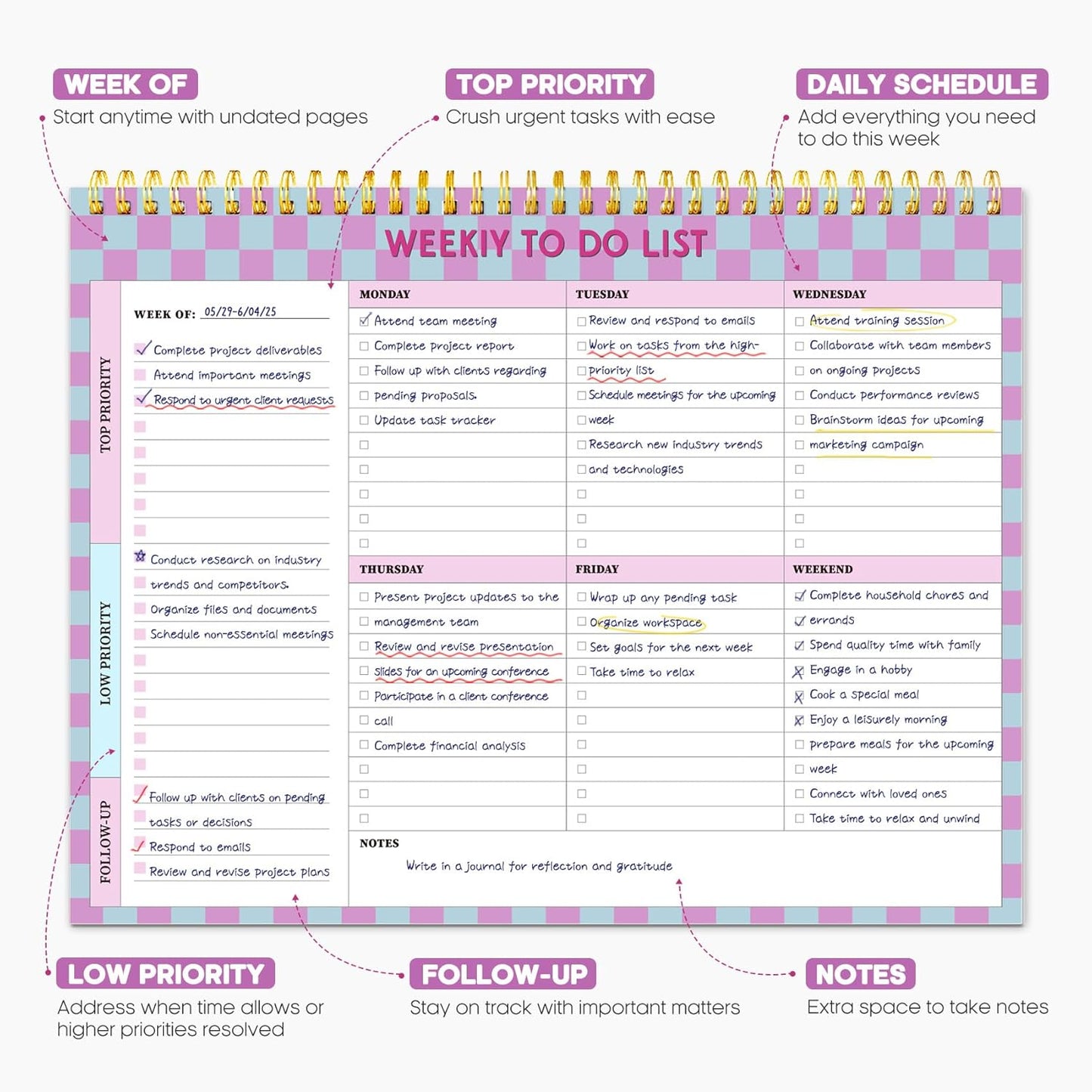 Taja Weekly To-Do List Notepad - 52 Undated Sheets, Lavender Checkered | Desk Planner for Home & Work