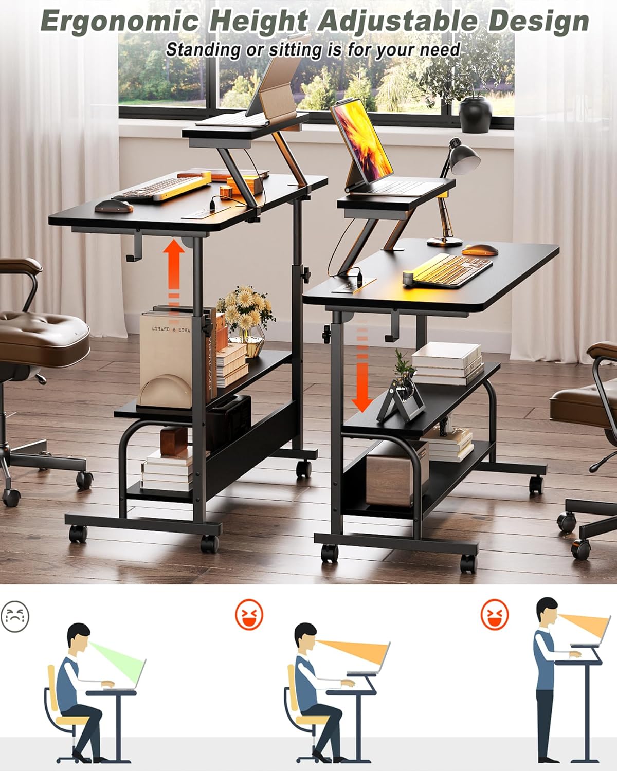 Skiennix Height Adjustable Standing Desk - 32" Manual Desk with Power Outlets & LED Lights | Portable Black Laptop Table