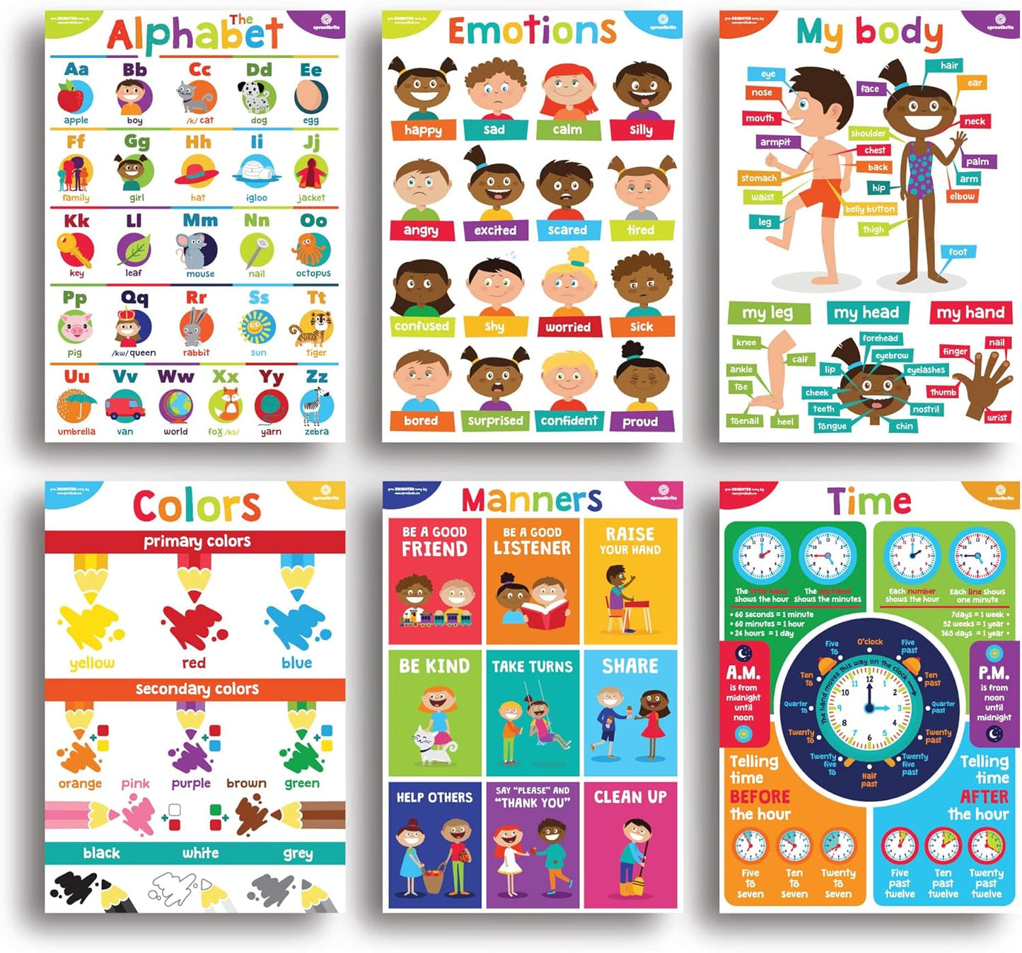 Sproutbrite 18 Educational Poster Bundle for Toddlers - Colorful 12"x16" Charts for Preschool & Homeschool Learning