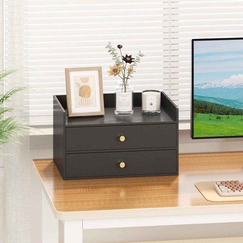 Xadgve Bamboo Desk Organizer - Stackable, No Assembly Required, Ideal for Office/Home Use - Perfect for Toiletries, Stationery, Accessories. (Black, Two level drawer box with sides)