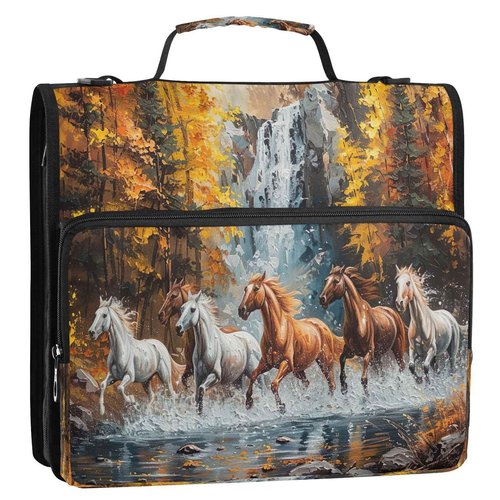 YETTASBIN Horse 3-Ring Zipper Binder with Shoulder Strap & Handle - 1.5" Binder Organizer Water-Resistant Expandable File Folder with Multi Pocket for School & Office Supplies