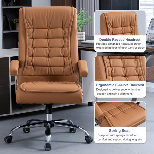 HOXNE Executive Adjustable Leather Chair High Back Swivel with Padded Armrest 350lbs Load-Bearing Spring Seat Computer Desk Chair for Home Office (Khaki)