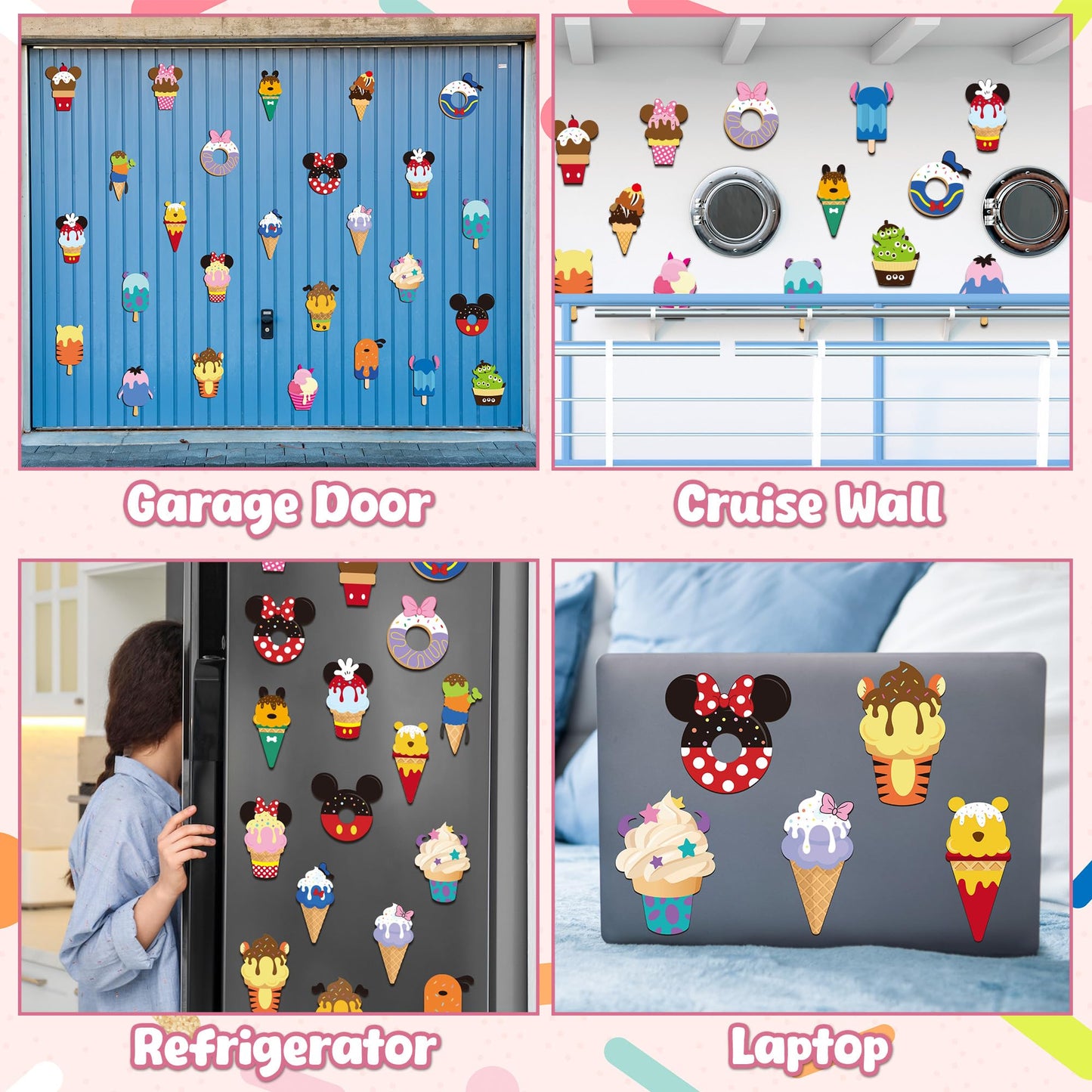 BOpusail 24Pcs Summer Ice Cream Mouse Cruise Door Magnets Cute Style Ice Cream Cruises Entrance Decals Decor Refrigerator Garage Magnet Waterproof Magnetic Sticker for Holiday Carnival Ships Cabin