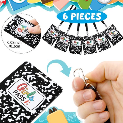 Sabary 6 Sets Composition Hall Passes Wooden Bathroom Pass Lanyards Notebook Style Unbreakable Classroom Passes Gift for Bathroom Office Library Nurse School Supplies(Black)
