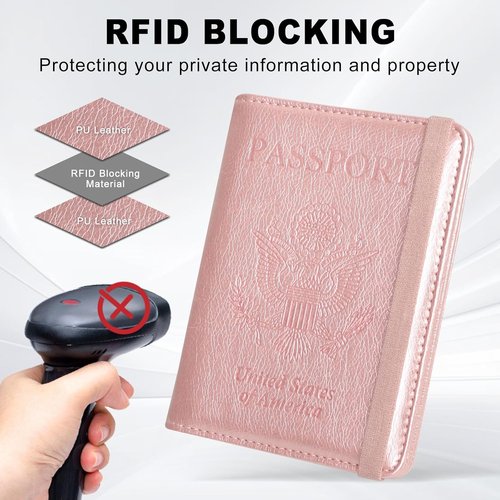 ACdream RFID Blocking Passport Holder - Premium PU Leather Travel Wallet with Card & Pen Holder - Rose Gold