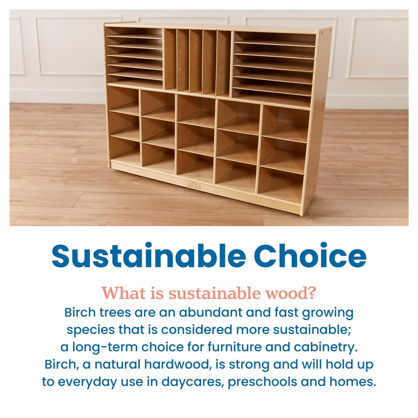 ECR4Kids Multi-Section Mobile Tray Cabinet with Cubby Storage Compartments, Kids Furniture, Natural, 48"D x 13"W x 36"H