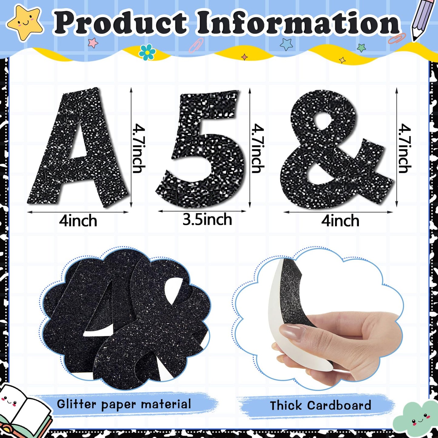 Colarr 144 Pcs Glitter Bulletin Board Letters for Classroom Number Alphabet Punctuation Symbol Cutout 4'' Die-Cut Poster Letter with Adhesive Dot School Party Holiday Decor Display(Black)