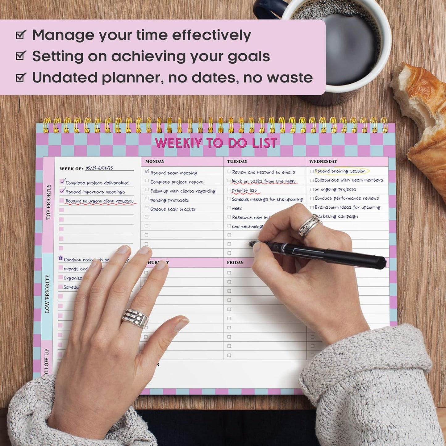 Taja Weekly To-Do List Notepad - 52 Undated Sheets, Lavender Checkered | Desk Planner for Home & Work