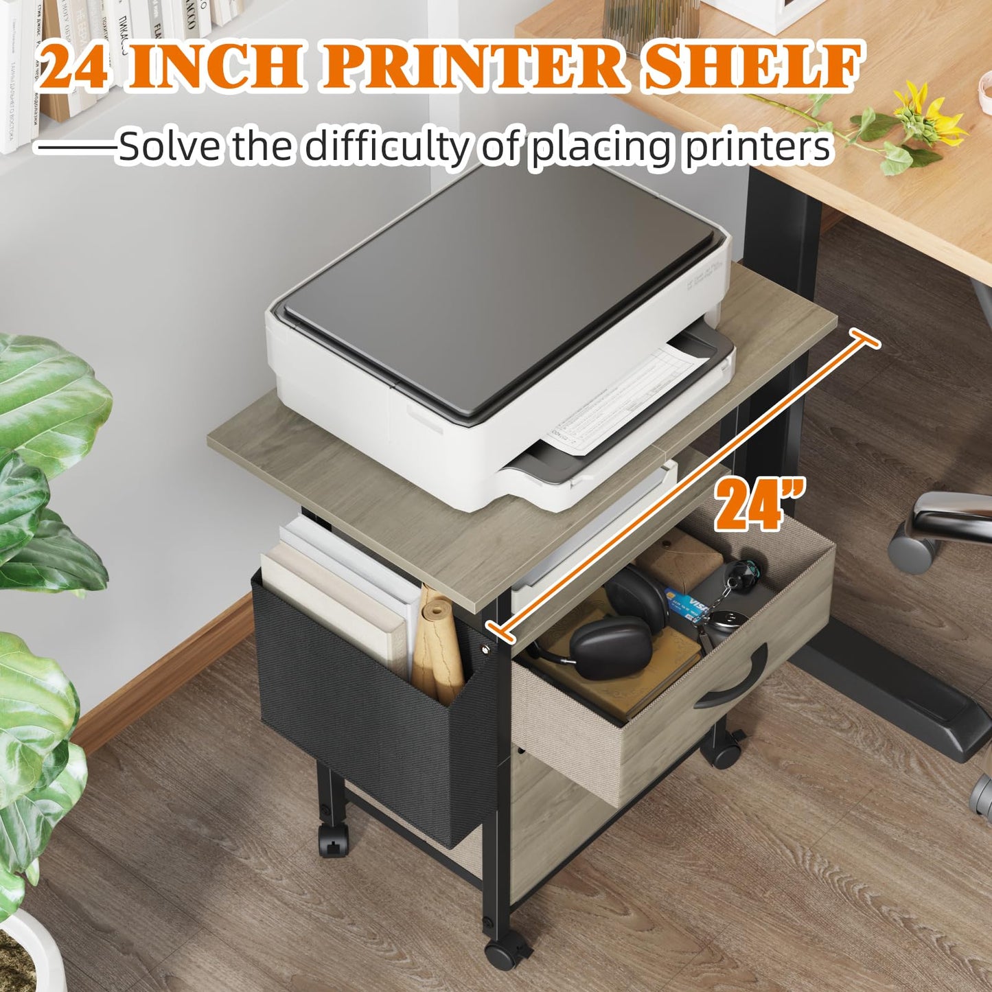 GYIIYUO 2 Drawer File Cabinet with 24'' Extended Desktop, Mobile Filing Cabinet, Rolling File Cabinet with Side Bag, Fabric Drawer, Fits A4/Letter Size, Printer Stand Home Office, Oak Grey