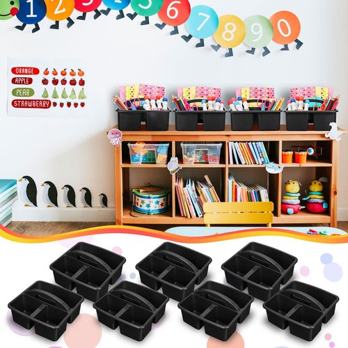 Geelin 24 Pack Classroom Caddy Bulk, Black Plastic Caddy Organizer with Handle 3-compartment Stackable Portable Storage Bins for School Office Supplies
