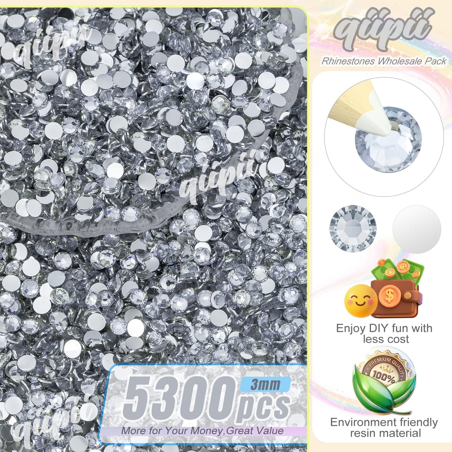 qiipii 5300PCS 3mm Silver Clear Resin Rhinestones for Crafting SS10 Flatback Crystal White Stones Bulk Non-Hotfix Diamonds Crystals Gems for Nails Face Eyes Makeup Tumblers Bottles DIY Crafts Clothes