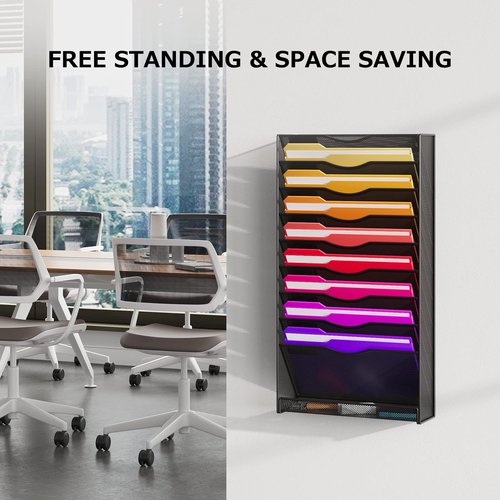 10-Tier Hanging Wall File Organizer Wall Mounted File Holder Document Wall Organizer for Office Organization and School Storage (No Assembly Required) (10 Tier Black)