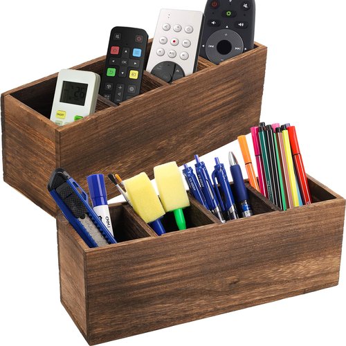 Dicunoy 2 Pack Wooden Pencil Holder for Desk, Rustic Wood Remote Control Holder Caddys, Retro Table Organizer with 4 Compartments for Art Supplies, Pen, Home, Office, School Classroom