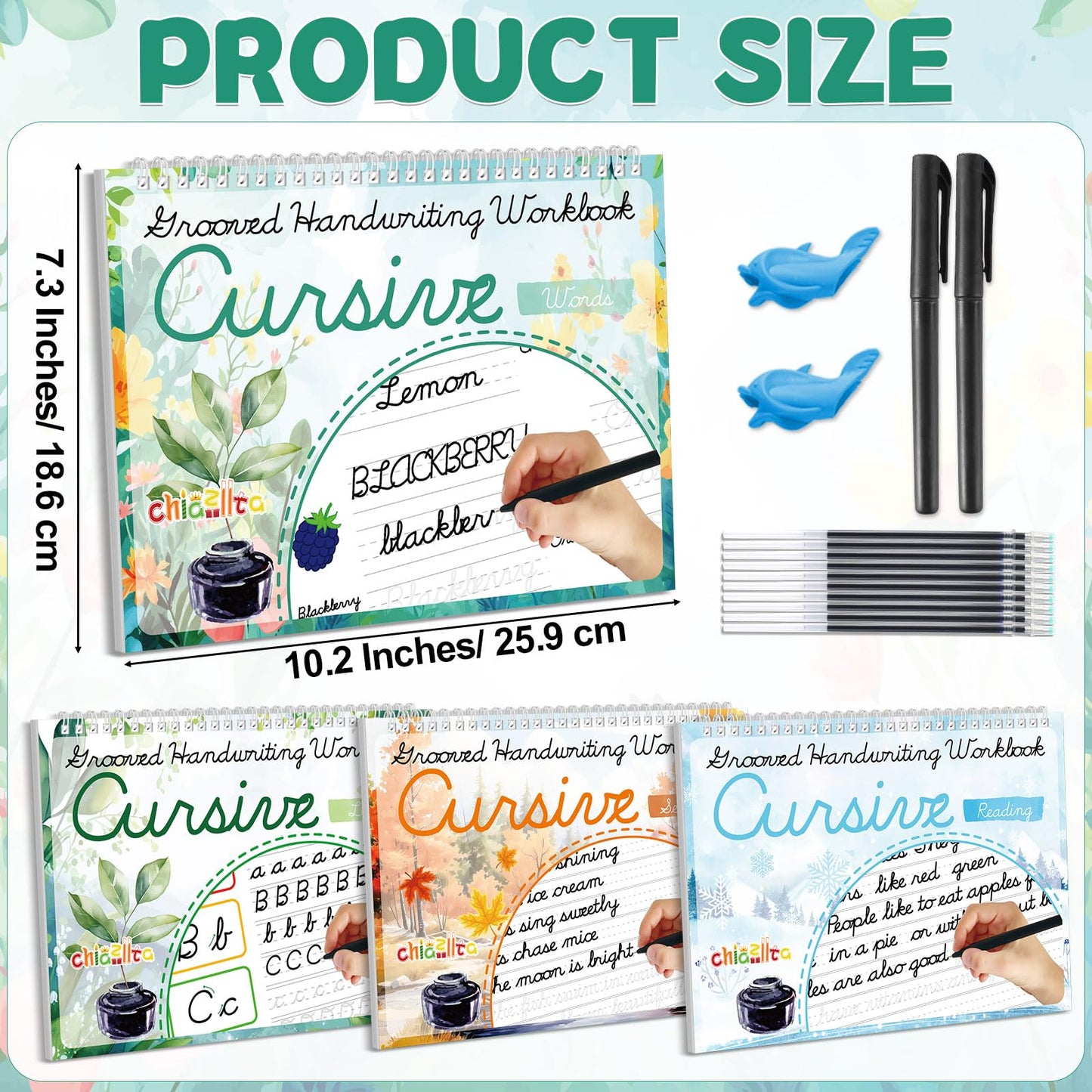 chiazllta 4 Pack Grooved Cursive Handwriting Practice Kit with Disappearing Ink Pens Magic Reusable Grooved Cursive Writing Workbooks Copybook for Beginners Kids (Words&Sentence&Reading&Letters)
