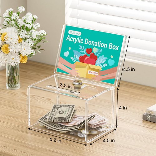MaxGear Acrylic Donation Box with Lock 3 Pack, Large Ballot Box with Sign Holder, Clear Storage Container for Voting, Charity, Ballot, Suggestion 6.25" x 4.5" x 4"