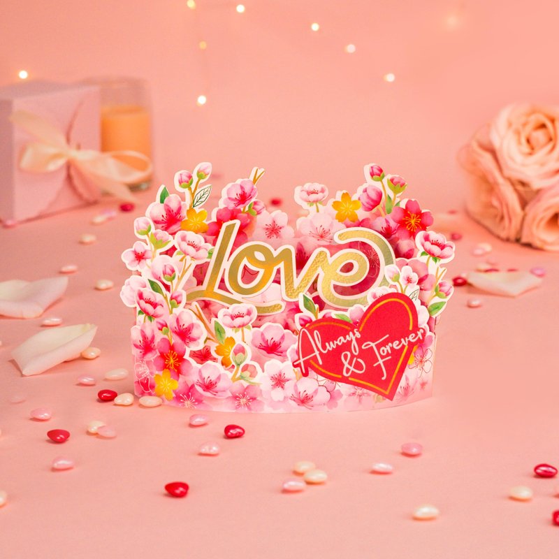 DESIMPLE Sweet Cherry Blossom Pop Up Card, 7 Inch Flower 3D Greeting Card with “Always & Forever” Heart, Romantic Anniversary Card for Valentine’s Day, Birthday, Includes Envelope & Message Note