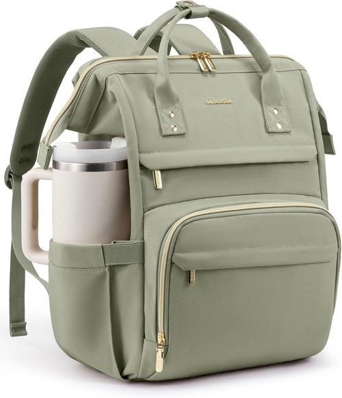 LOVEVOOK Laptop Backpack - Waterproof 17-Inch Travel Bag with Tumbler Holder | Bean Green