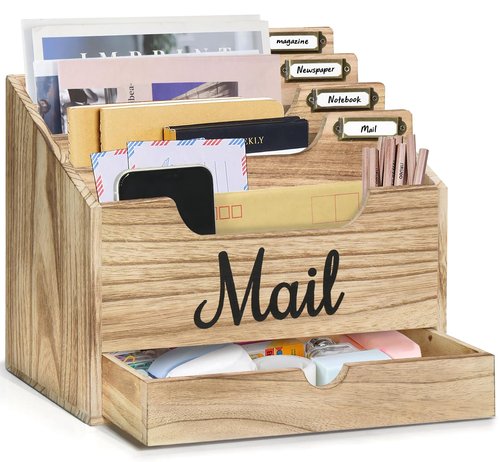 ANRXNCY Desk Mail Holder with 4 Compartments and Drawer, Wood Mail Holder Sorter Holder,Countertop Desk Office Accessories for File Letter Paper Folder, Drawer Organizer