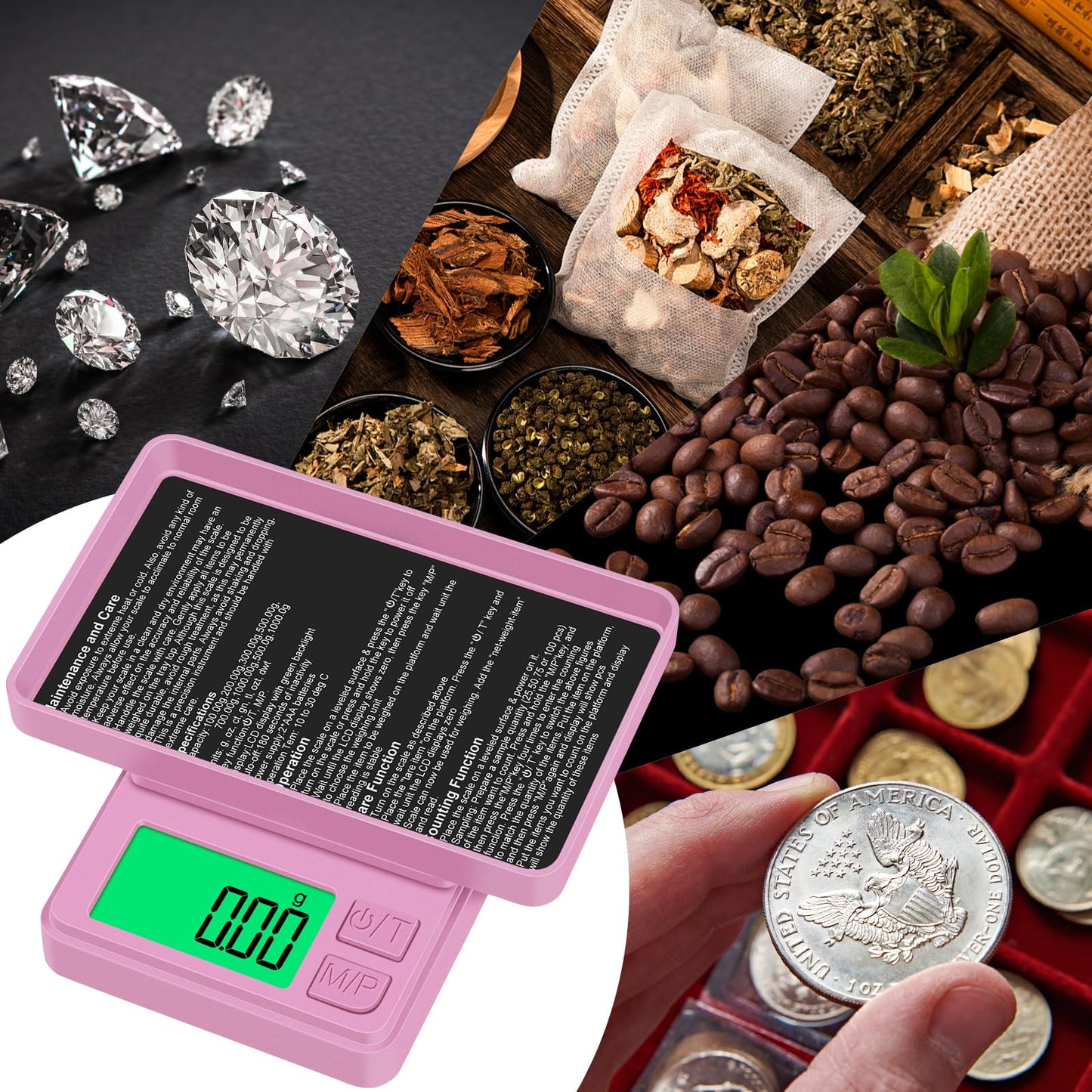Diyife 1000g Digital Pocket Gram Scale 0.01g Accuracy, Mini Jewelry Scale with Protective Cover, 7 Units, Tare Function, LCD Display, Suit for Jewelry, Powder, Pink