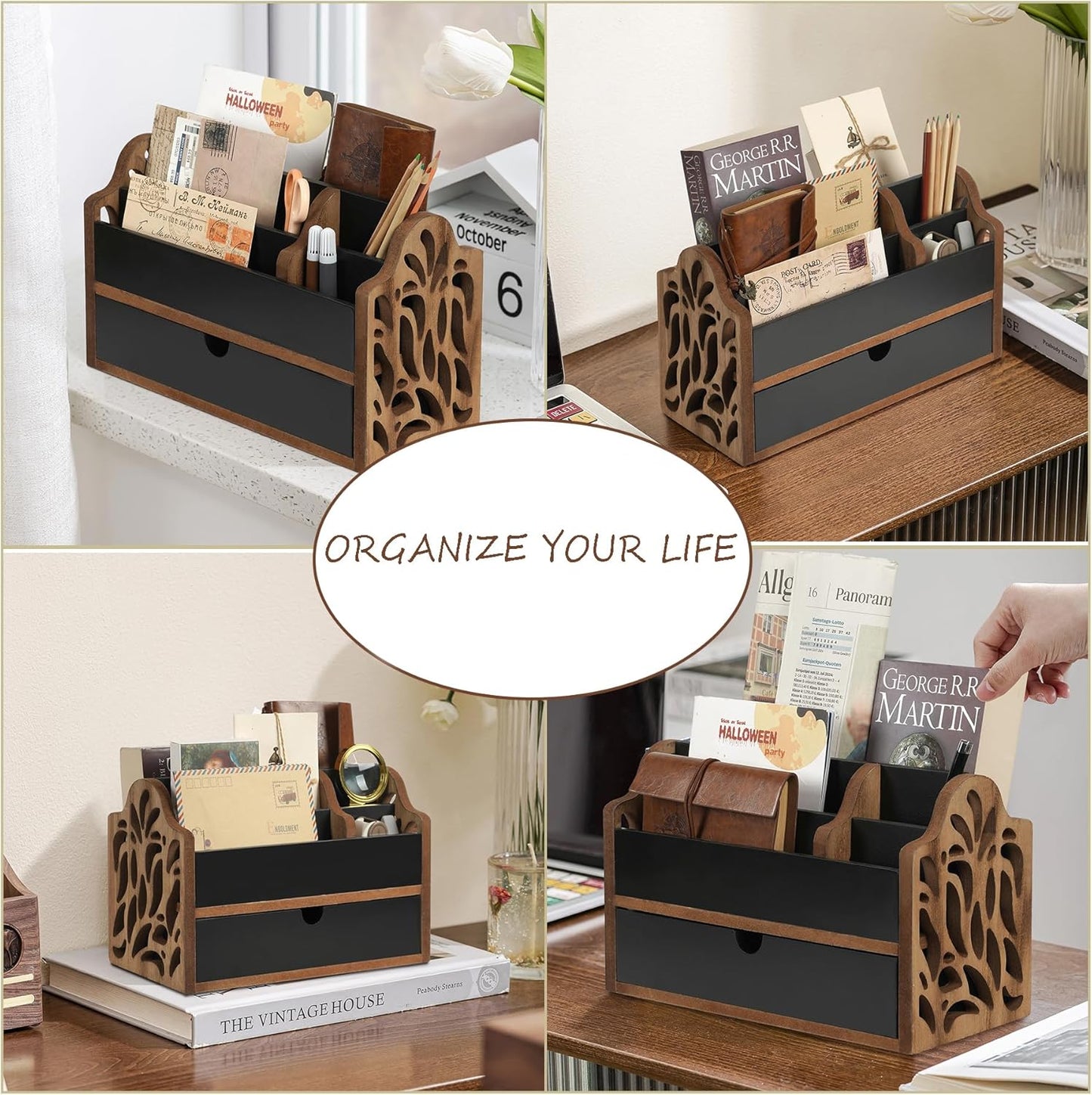 Skiennix Desk Organizer - Stylish Wooden File Holder with Drawer | 5-Slot Mail & Pen Storage for Home & Office