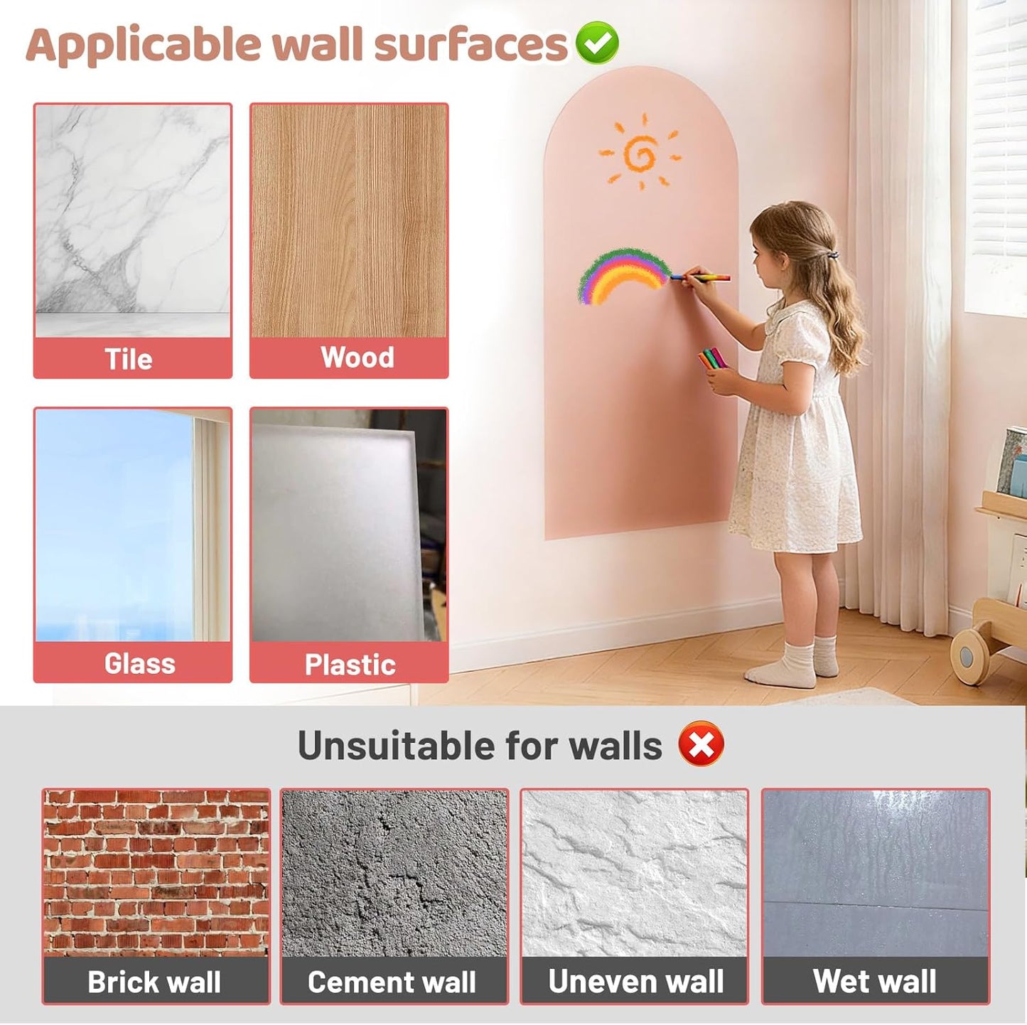 Skiennix Magnetic Wall Decal - 40 x 18 Inch Light Pink Chalkboard for Learning & Playroom