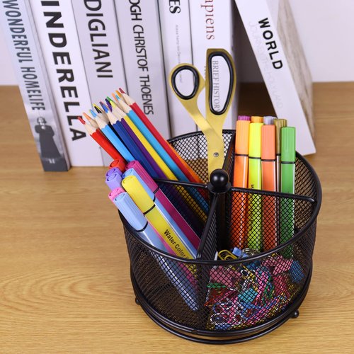 Flytreal Pen Holder for Desk, 360 Rotating Mesh Pencil Organizer Marker Storage Caddy, Black Large Capacity Desktop Stationery Organizer, 4 Compartments for Home Office School Kids Art Supplies