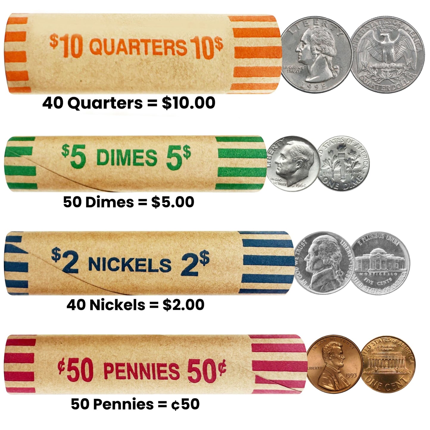PM Company 128 Pcs Preformed Coin Wrappers Rolls — Assorted Heavy Duty Rolls Wrappers for Quarters, Pennies, Nickels, and Dimes