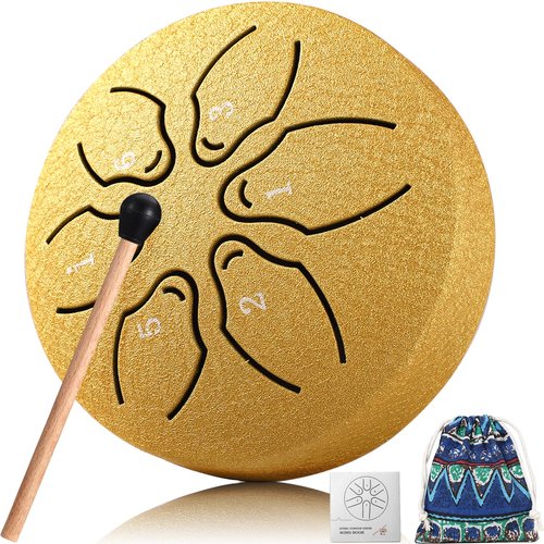 Facmogu 3 Inch 6 Notes Rain Drum for Outside Garden, Steel Tongue Drum Hand Drums with Bag Sticks Music Book, Mini Chakra Drum Musical Education Entertainment Gifts for Kids - Gold (Bowling Pattern)