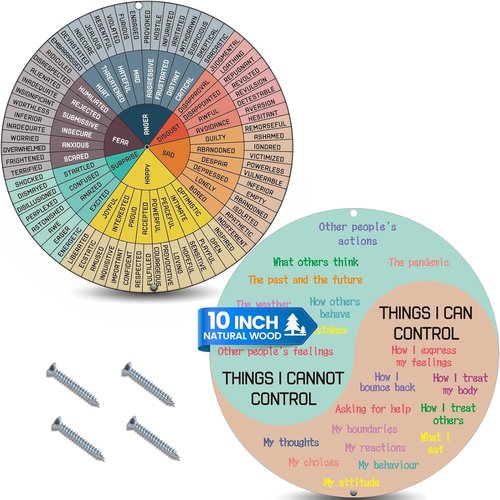 Giftacity Feelings Wheel Chart - 2 Pcs Wooden Emotion Chart for Therapy Office Decor | 10 Inch Calm Feelings Wheel