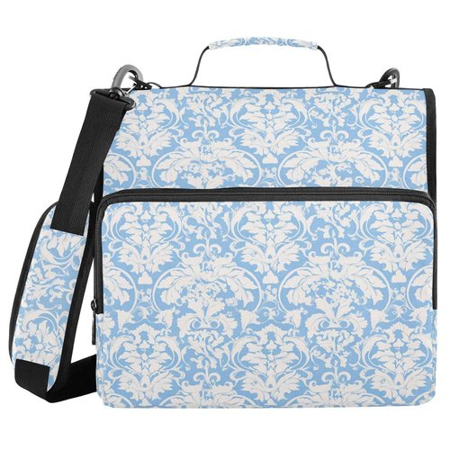Blue Vintage Floral Zipper Binder 3 Ring Binder 1.5 Inch with Zippers Shoulder Strap & Handle Binders Organizer Bag