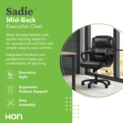 HON Sadie Executive Chair, Leather Ergonomic Office Chair with Adjustable Arms and Back Support, 360 Swivel, Black