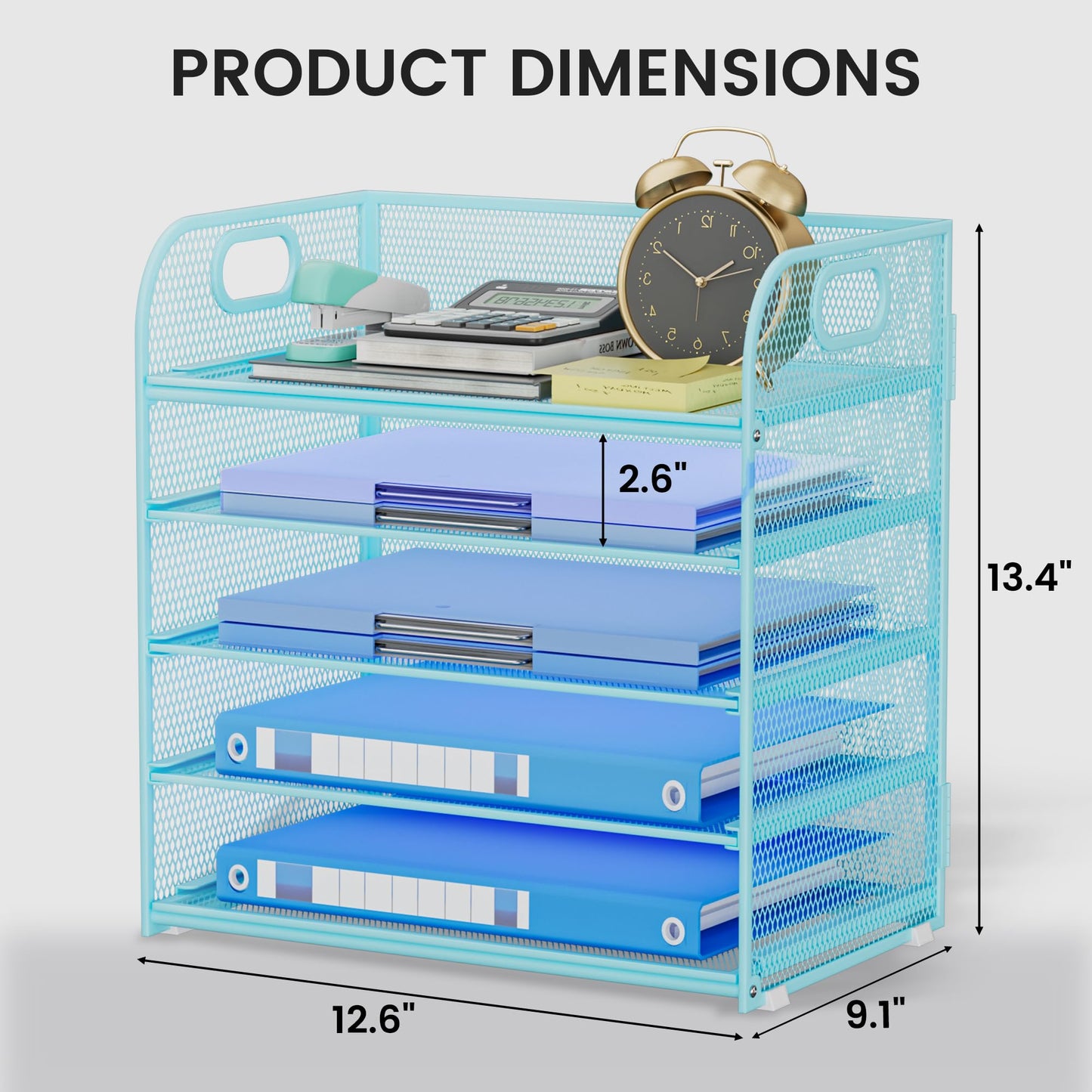 Kinkota Paper Organizer Letter Tray with Handle Mesh 5-Tier Stackable Desk Organizer for Files/Paper/Office Supplies, Sturdy Carbon Steel Desk Organizer for Home Office & Classroom