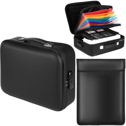 Fullhawl 2 Pack Fireproof File Box and Fireproof Document Bag Set Large Document Box with Lock Waterproof Fire Resistant File Organizer for Cash Certificates Laptop Passports and Valuables