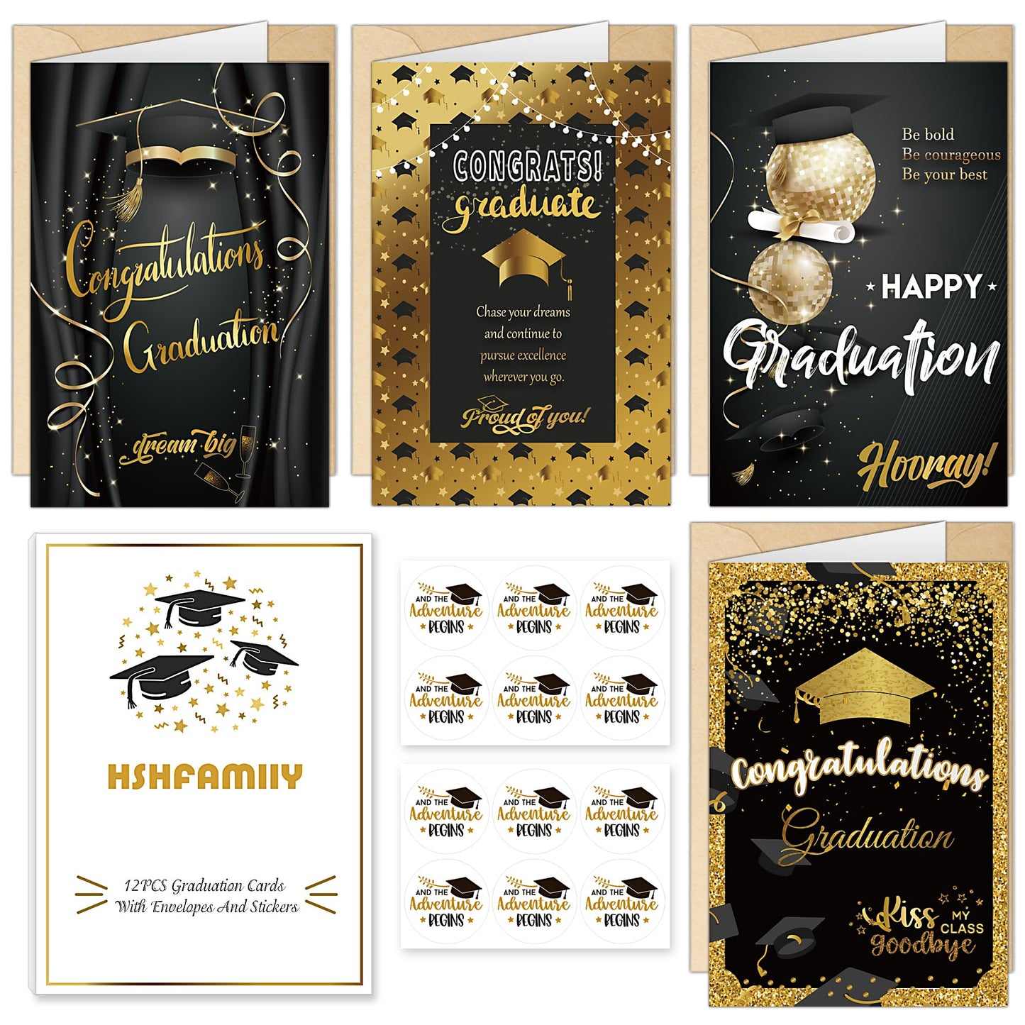 HSHFAMIIY Graduation Cards, Congratulations Grads with Envelope, Black and Gold, Congratulations Grad with Envelope Sticker - Blank Inside(12 Cards and Envelopes, 4 Designs)