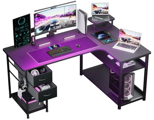 GTPLAYER L Shaped Desk with Drawers, Carbon Fiber Style Computer Desk with Monitor Shelf, Black Small L Shape Desk with Adjustable Open Storage Shelf, Corner PC Table for Small Space Home Office
