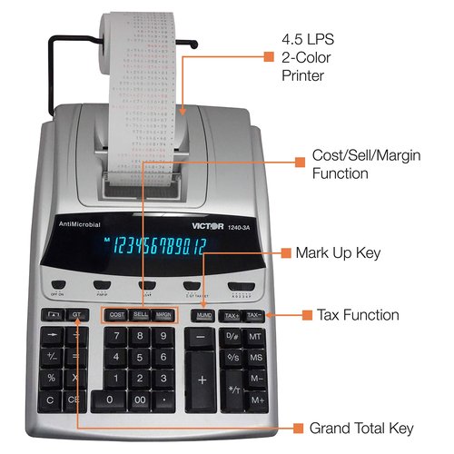 Victor 12-Digit Desktop Adding Machine, Large Easy To Read Display, Tape Print Out with 4,5 lines-per-second ribbon printer, Tax, Cost, Sell and Margin keys (1240-3A)