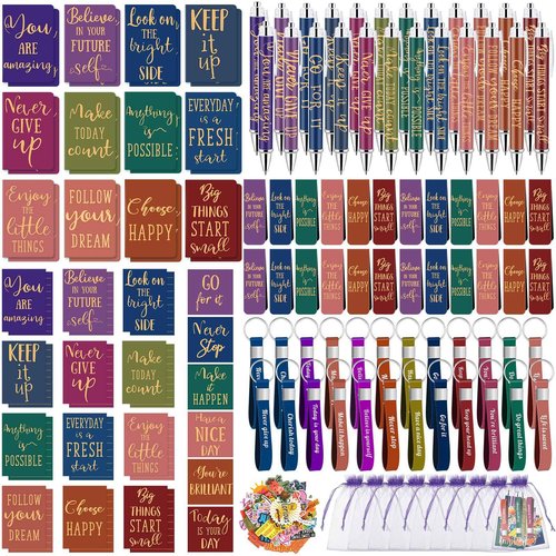 Pasimy 218 Pcs Inspirational Stationery Gifts Motivational Mini Notepad Pen Quote Bookmarks Stress Relief Stickers Inspiring Silicone Keychains for Kid Adult School Office Appreciation(Bright)