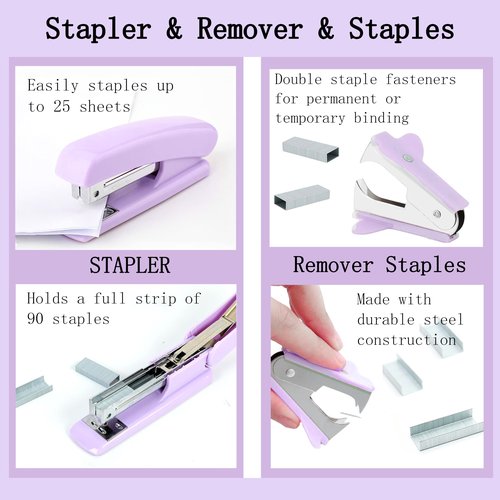 Purple Office Desk Accessories Supplies, 12pcs Desk Organizers and Accessories with Tape dispenser and Stapler,Staples,Staple Remover,Pen Holder,Scissor,Ruler,Sticky Tabs,Tape,Ballpoint Pen,Clips Set