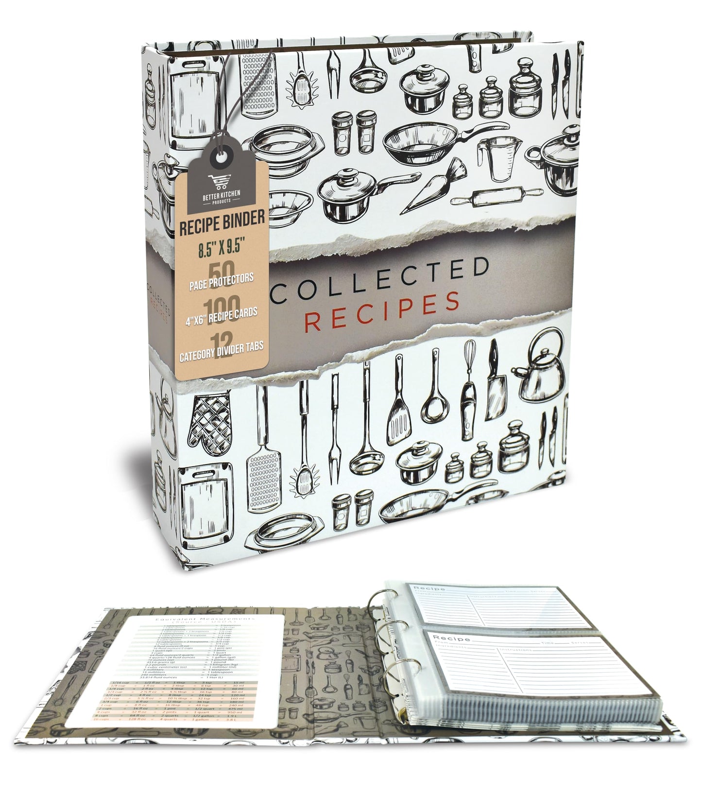 Better Kitchen Products Recipe Binder, 8.5" x 9.5" 3 Ring Binder Organizer Set (with 50 Page Protectors, 100 4" x 6" Recipe Cards & 12 Category Divider Tabs) Sleek Kitchen Design