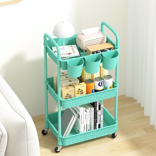 MOYIPIN 3-Tier Rolling Utility Cart - Versatile Storage Organizer for Office, Kitchen & Living Room - Turquoise with 3 Hanging Cups